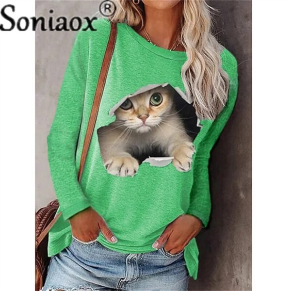 Women Long Sleeve Casual T-Shirt New Autumn O-Neck Printed Loose Tops Cartoons Funny Cats T-Shirt Fashion Lady Streetwear - Image 9