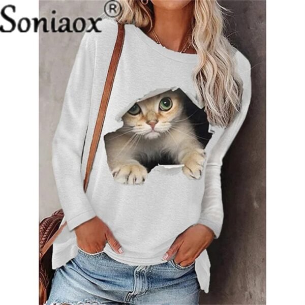 Women Long Sleeve Casual T-Shirt New Autumn O-Neck Printed Loose Tops Cartoons Funny Cats T-Shirt Fashion Lady Streetwear - Image 2