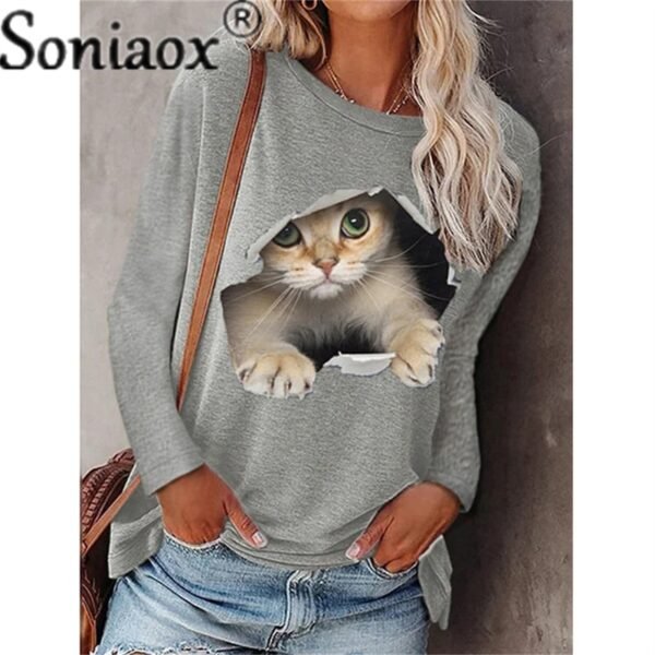 Women Long Sleeve Casual T-Shirt New Autumn O-Neck Printed Loose Tops Cartoons Funny Cats T-Shirt Fashion Lady Streetwear - Image 4