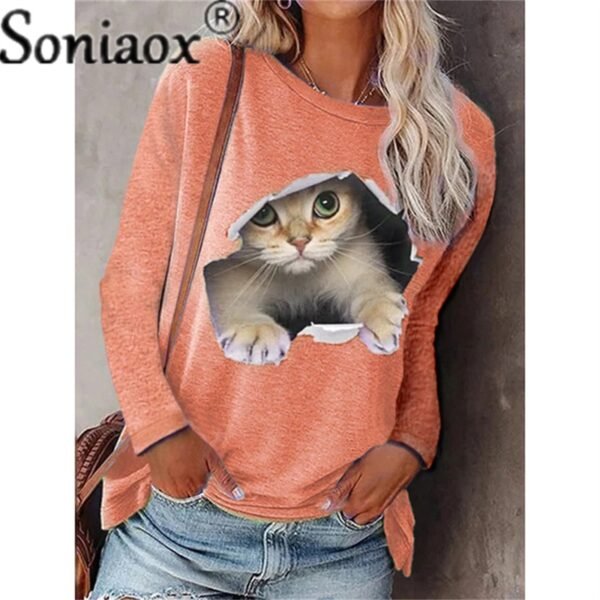 Women Long Sleeve Casual T-Shirt New Autumn O-Neck Printed Loose Tops Cartoons Funny Cats T-Shirt Fashion Lady Streetwear - Image 10