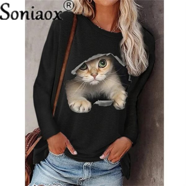 Women Long Sleeve Casual T-Shirt New Autumn O-Neck Printed Loose Tops Cartoons Funny Cats T-Shirt Fashion Lady Streetwear