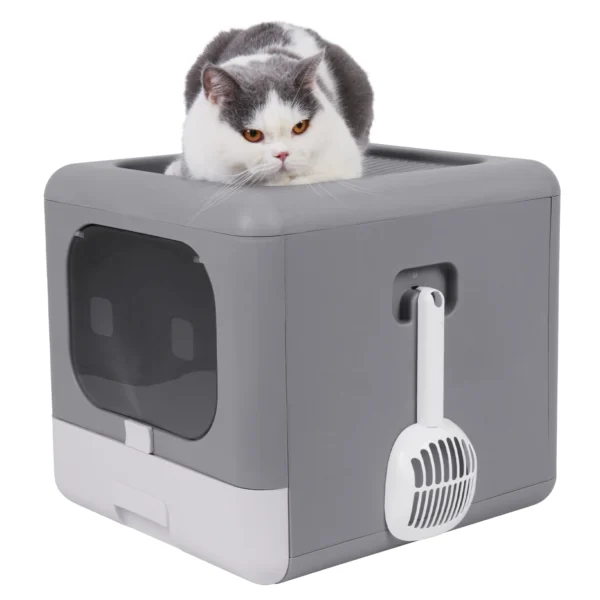 Cat Litter Box with Scoop and Tray Sifting Enclosed Foldable Kitten Toilet Detachable Poop Top Front Entry Pet Supplies - Image 7