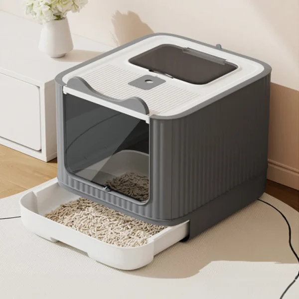 Tieker fully enclosed large cat litter box flip cover splash-proof cat litter box UV light cat toilet with cat litter scoop - Image 3