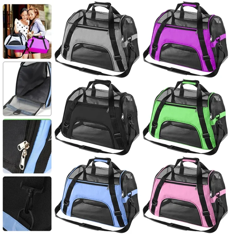 Soft-sided cat carrier bags shown in several colours