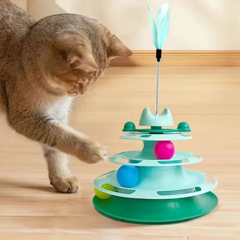Cat playing with an interactive turntable cat toy