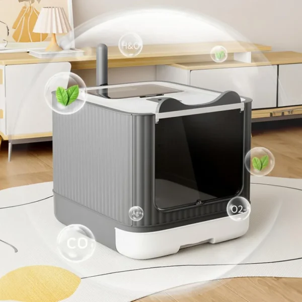 Tieker fully enclosed large cat litter box flip cover splash-proof cat litter box UV light cat toilet with cat litter scoop - Image 4