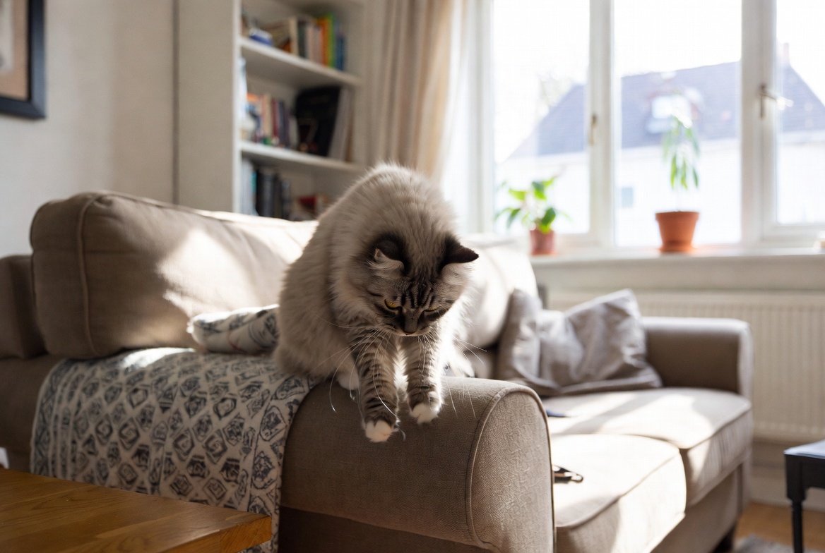 Cat scratching furniture damage on a sofa arm showing why owners need a solution Supporting