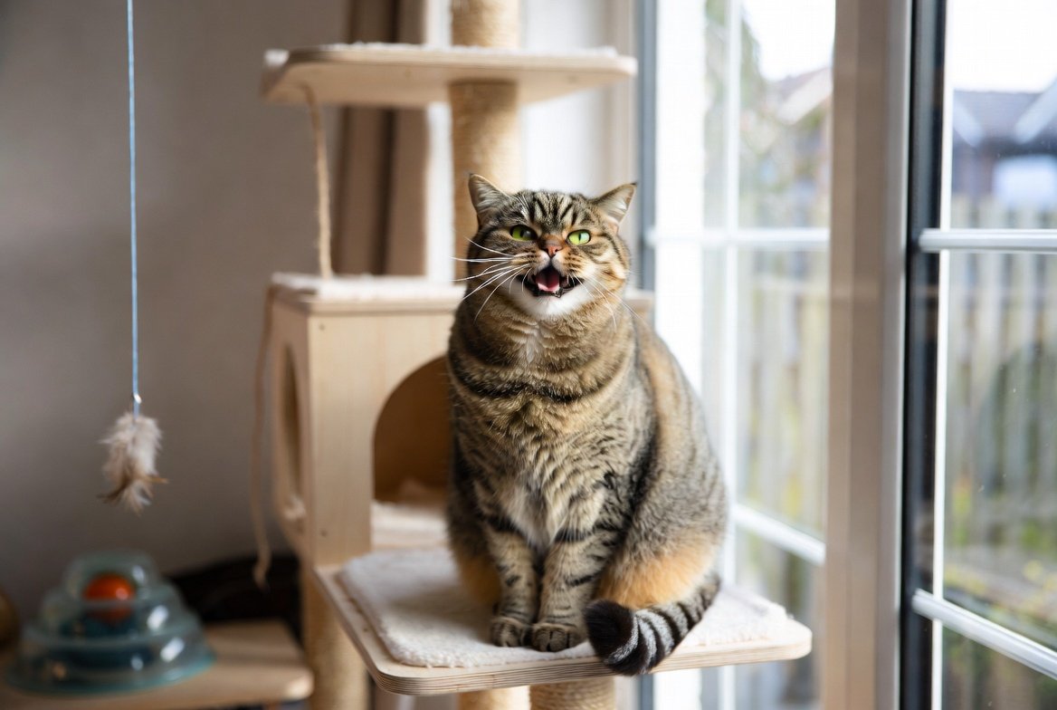 Cat enrichment ideas for indoor cats — happy cat playing with toys on a cat tree in a UK home